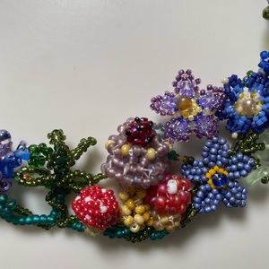 Handcrafted  ladybug mushroom beaded statement necklace whimsical fun playful